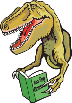 a dinosaur reading a book